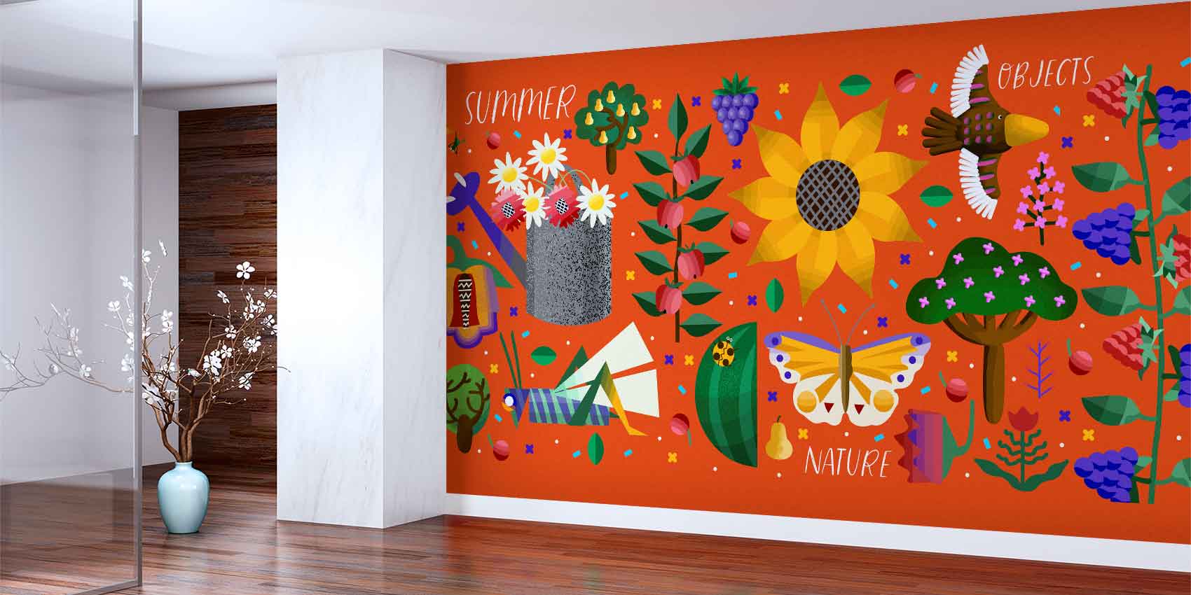 Yaz ve Doğa Objeleri İllüstrasyonlu Renkli Duvar Kağıdı 4721