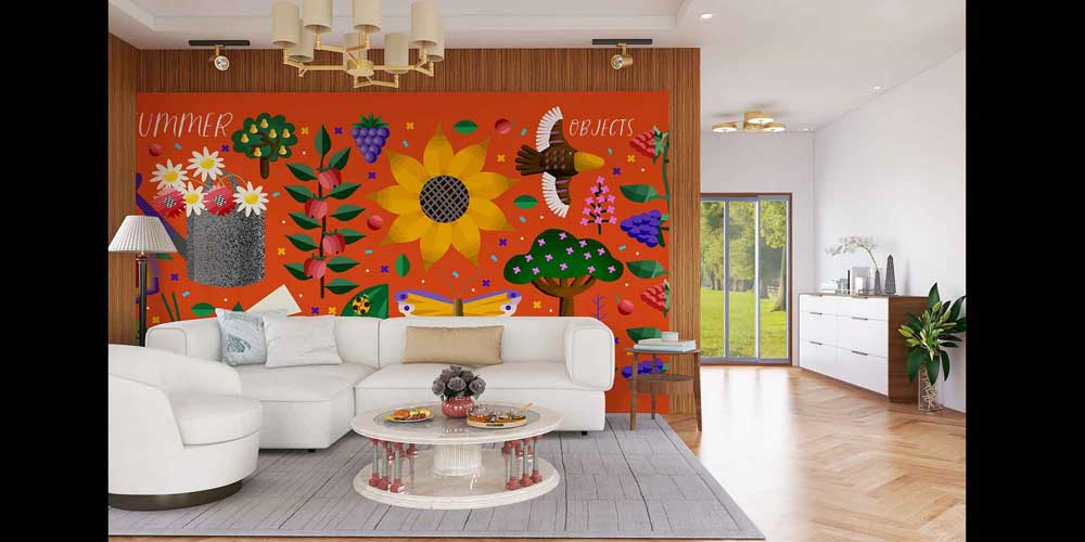 Yaz ve Doğa Objeleri İllüstrasyonlu Renkli Duvar Kağıdı 4721