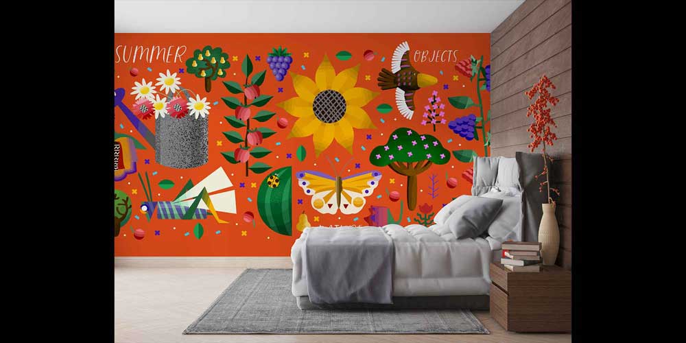 Yaz ve Doğa Objeleri İllüstrasyonlu Renkli Duvar Kağıdı 4721