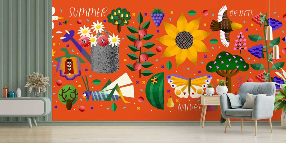 Yaz ve Doğa Objeleri İllüstrasyonlu Renkli Duvar Kağıdı 4721