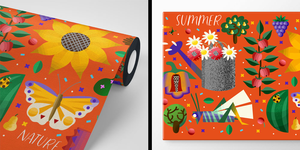 Yaz ve Doğa Objeleri İllüstrasyonlu Renkli Duvar Kağıdı 4721