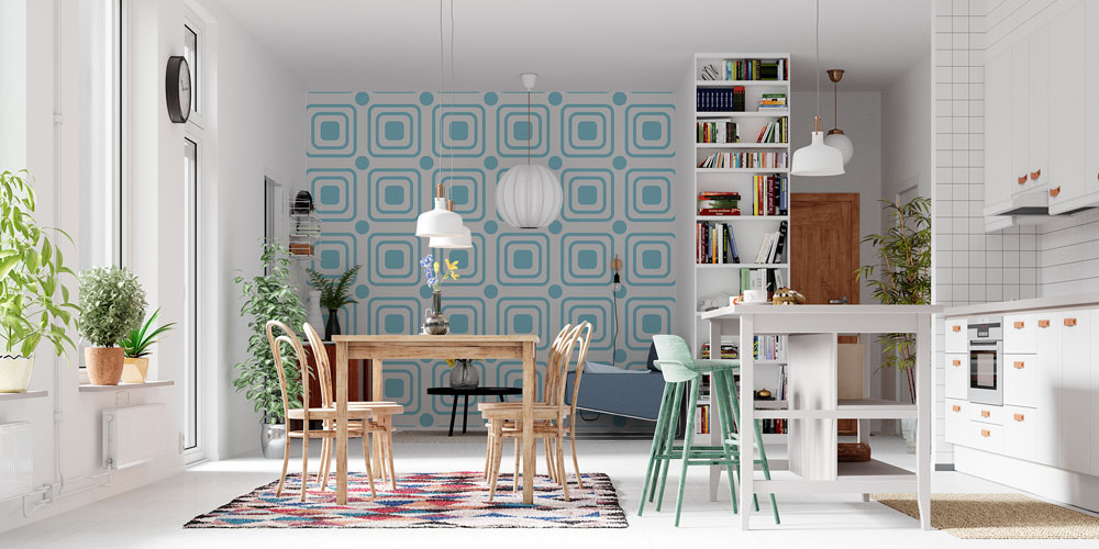 Mavi Tonlu Kare Desenli Geometrik Duvar Kağıdı 5225