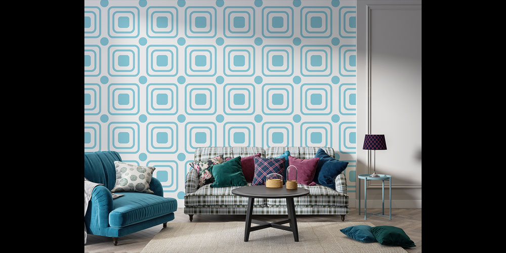Mavi Tonlu Kare Desenli Geometrik Duvar Kağıdı 5225