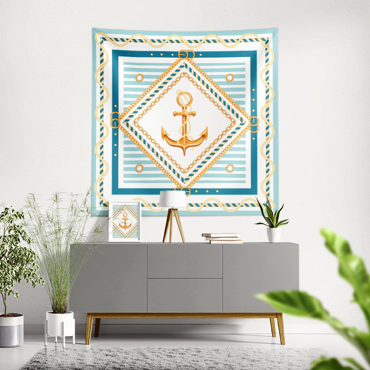 Altın Çapa ve Halat Çerçeveli Marin Desenli Duvar Örtüsü 4646