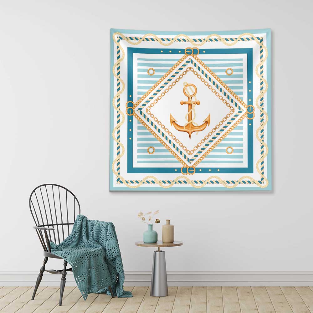 Altın Çapa ve Halat Çerçeveli Marin Desenli Duvar Örtüsü 4646