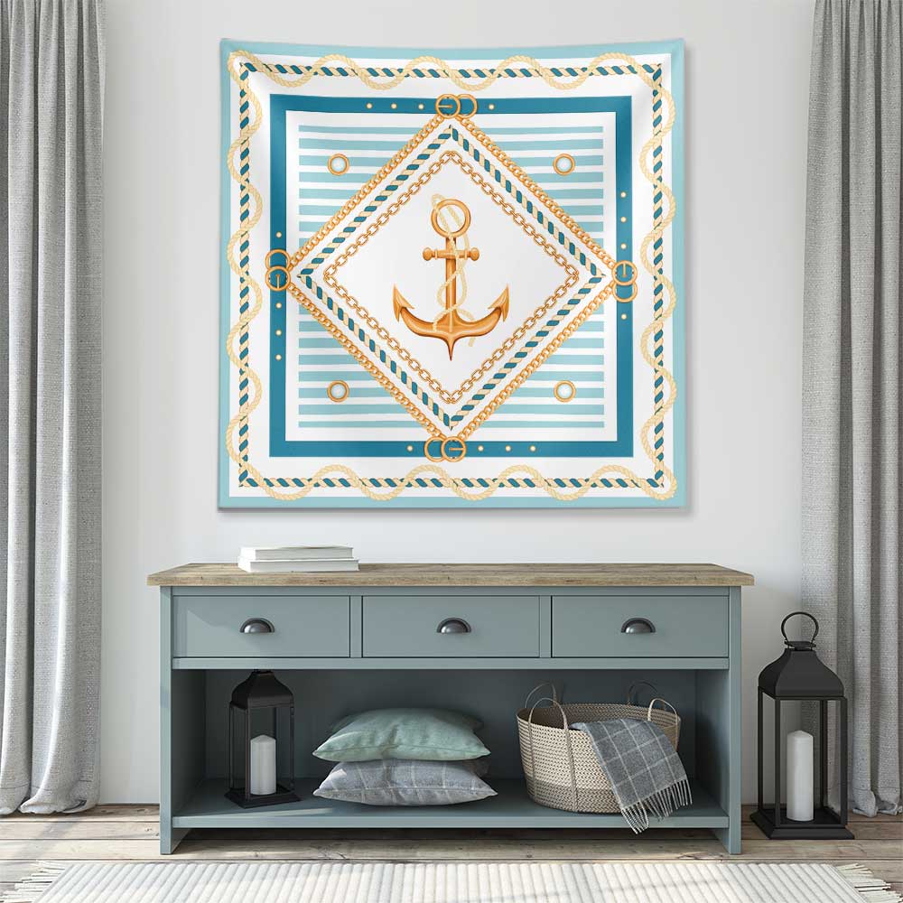 Altın Çapa ve Halat Çerçeveli Marin Desenli Duvar Örtüsü 4646