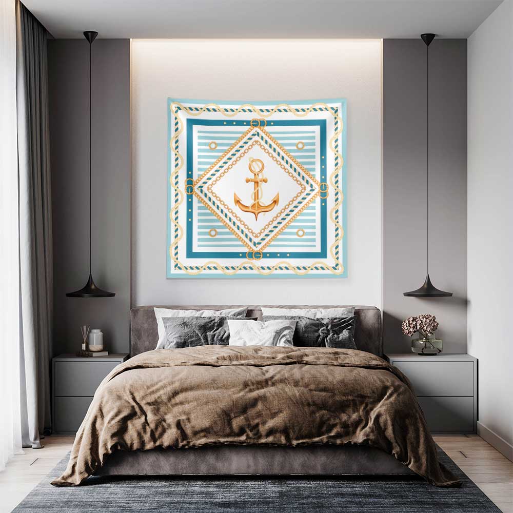 Altın Çapa ve Halat Çerçeveli Marin Desenli Duvar Örtüsü 4646