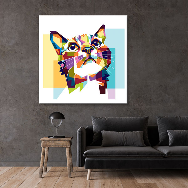 Renkli Geometrik Kedi Portresi Duvar Tablosu Kanvas Tablo 4925