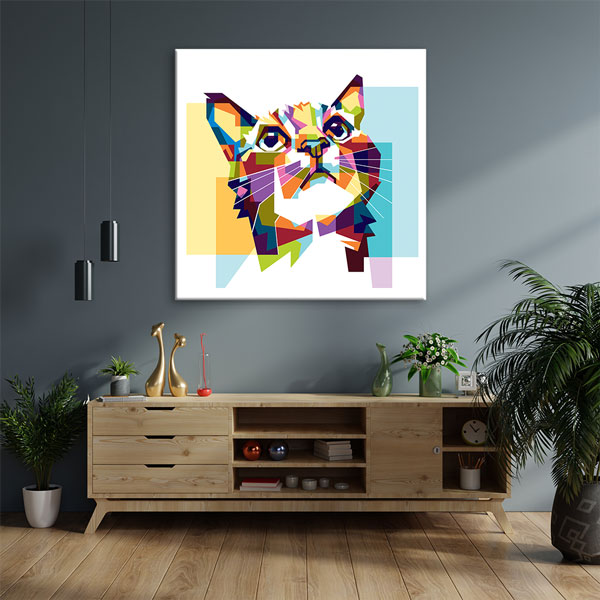 Renkli Geometrik Kedi Portresi Duvar Tablosu Kanvas Tablo 4925