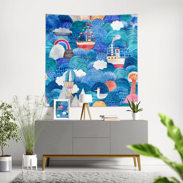 Renkli Marin İllüstrasyonlu Deniz Temalı Duvar Örtüsü 4647