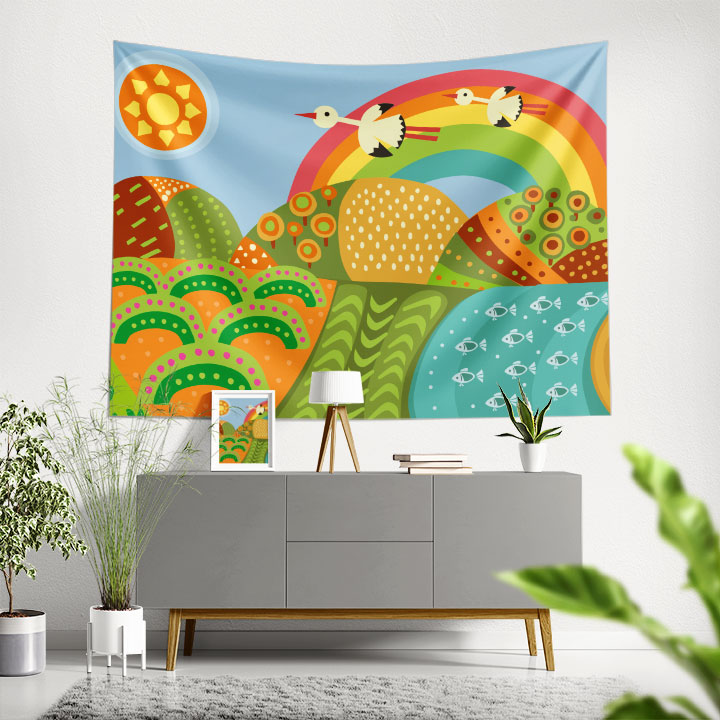 Renkli Gökkuşağı ve Doğa İllüstrasyonlu Duvar Örtüsü 4750