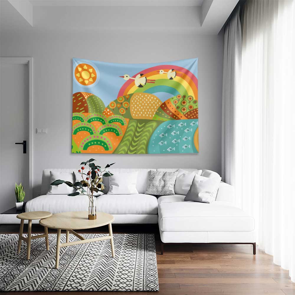 Renkli Gökkuşağı ve Doğa İllüstrasyonlu Duvar Örtüsü 4750