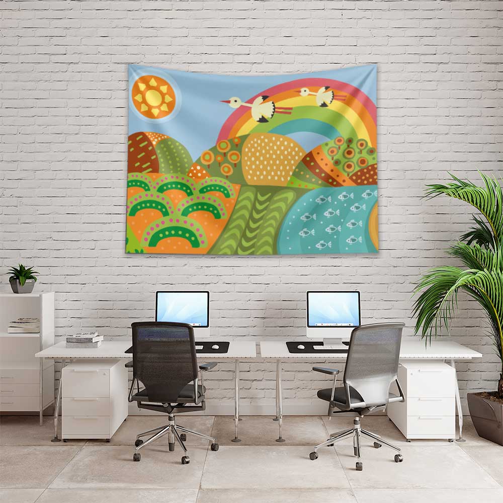 Renkli Gökkuşağı ve Doğa İllüstrasyonlu Duvar Örtüsü 4750