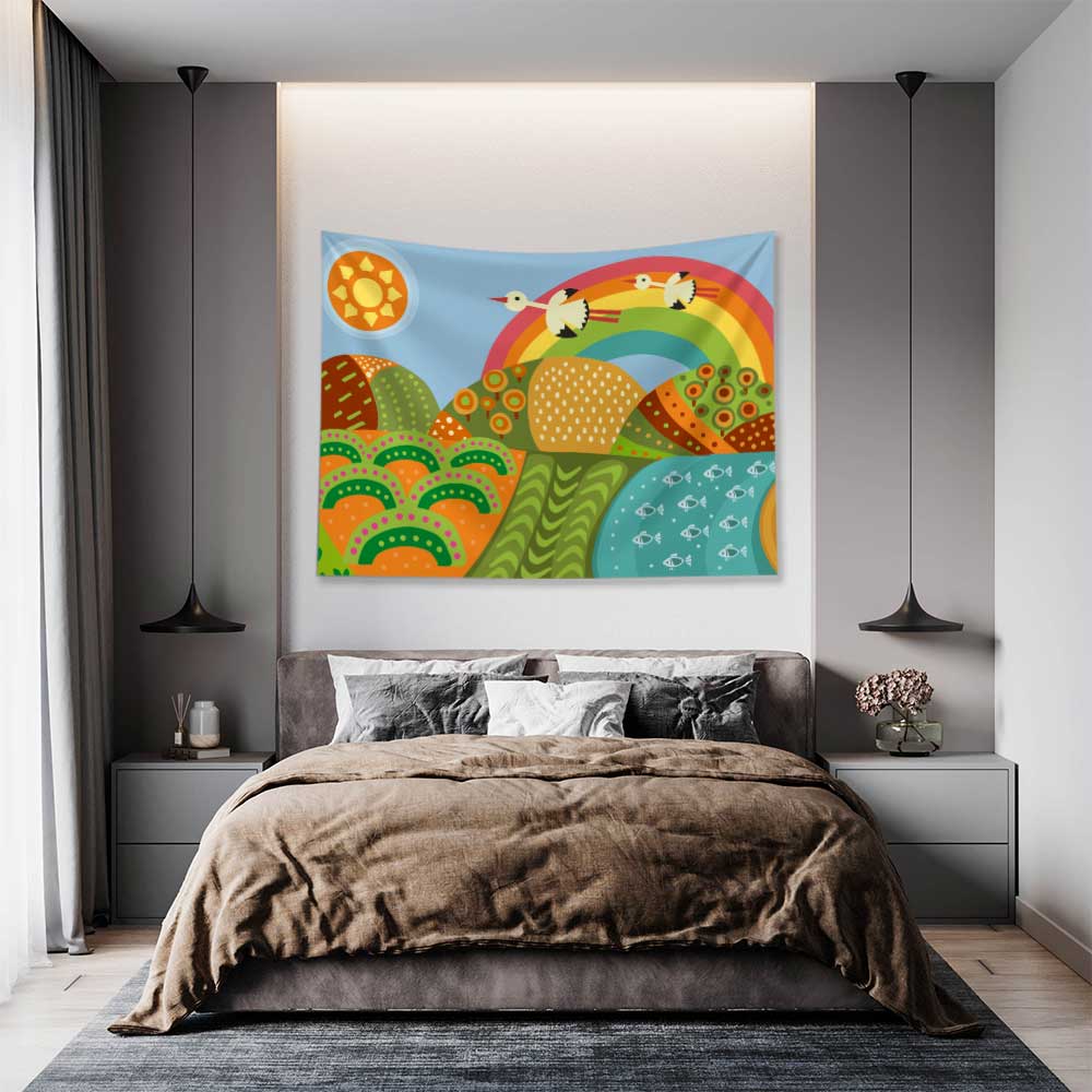 Renkli Gökkuşağı ve Doğa İllüstrasyonlu Duvar Örtüsü 4750