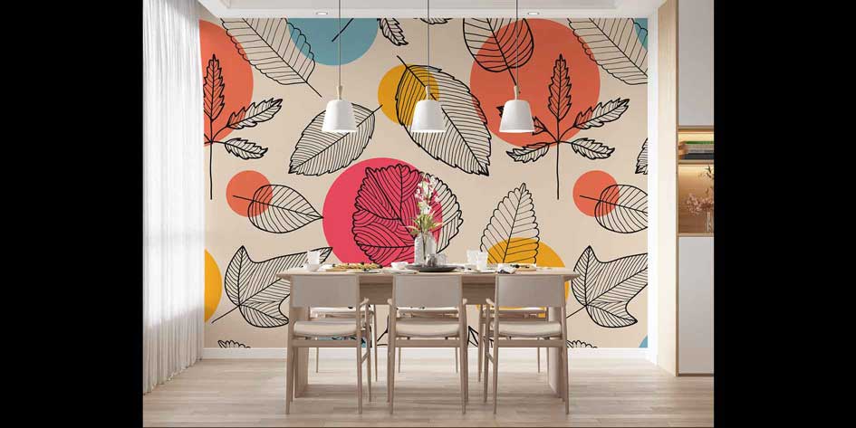 Renkli Geometrik Yaprak Desenli Modern Duvar Kağıdı 4259