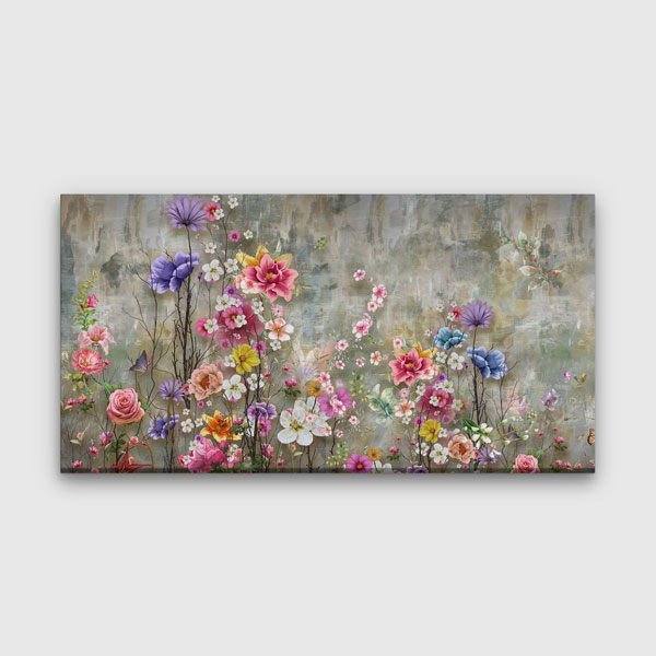 Dokulu Zeminde Pastel Çiçek Bahçesi Temalı Kanvas Tablo 4233