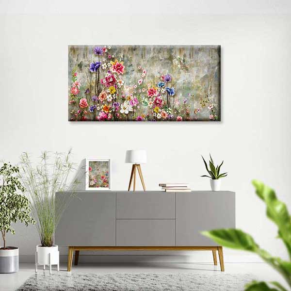 Dokulu Zeminde Pastel Çiçek Bahçesi Temalı Kanvas Tablo 4233