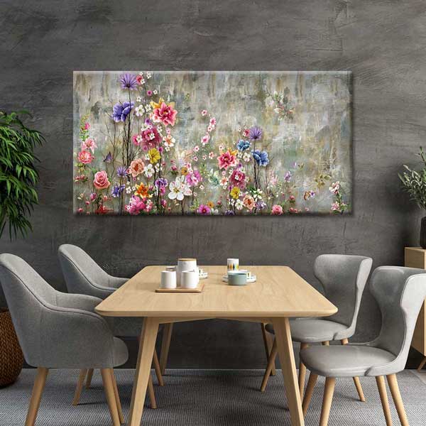 Dokulu Zeminde Pastel Çiçek Bahçesi Temalı Kanvas Tablo 4233