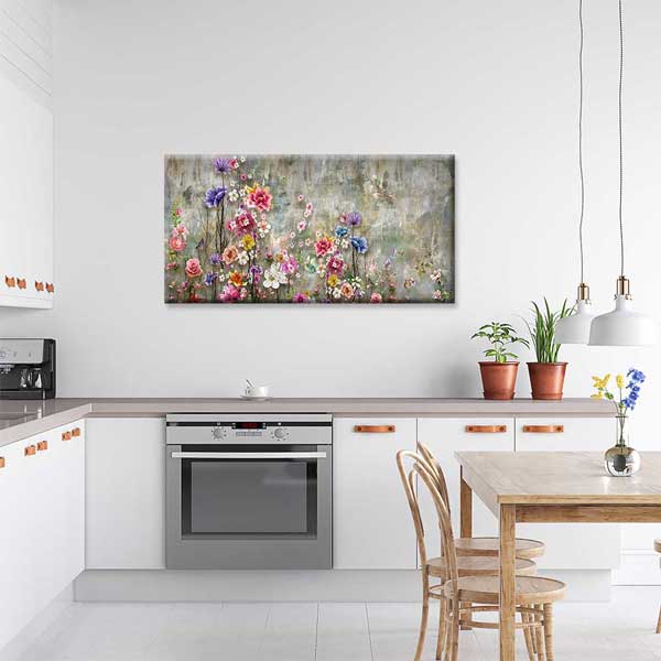 Dokulu Zeminde Pastel Çiçek Bahçesi Temalı Kanvas Tablo 4233