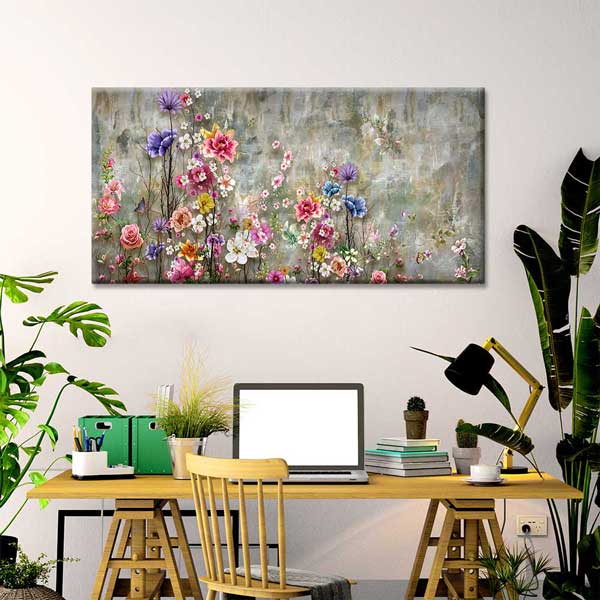 Dokulu Zeminde Pastel Çiçek Bahçesi Temalı Kanvas Tablo 4233