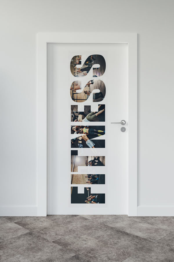 "FİTNESS" Harfleri İçinde Spor Sahneleri Kapı Giydirme 8947