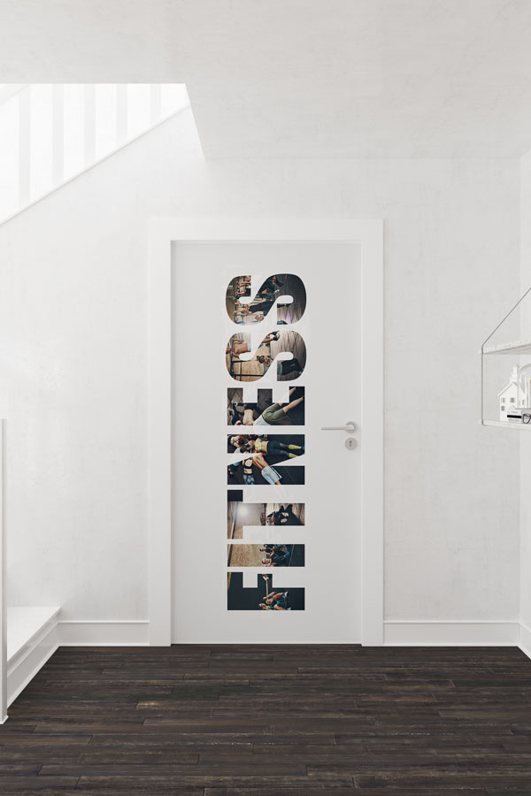 fitness-club-decoration-8947-01 "FİTNESS" Harfleri İçinde Spor Sahneleri Kapı Giydirme 8947