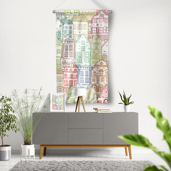 Renkli Ev Çizimli Modern Duvar Flaması 5625