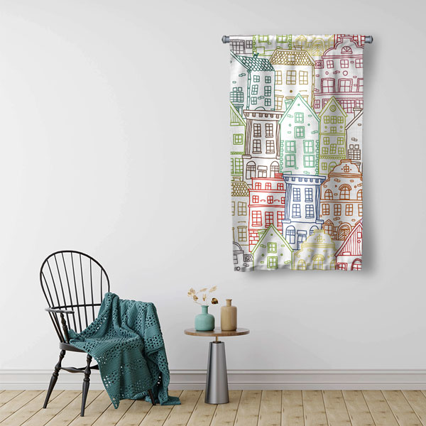 Renkli Ev Çizimli Modern Duvar Flaması 5625