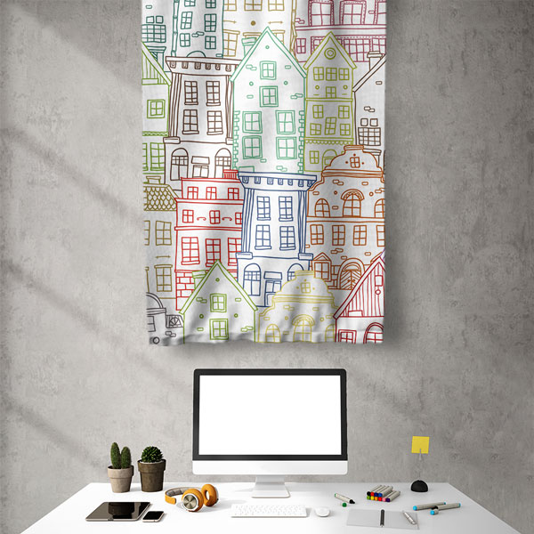 Renkli Ev Çizimli Modern Duvar Flaması 5625