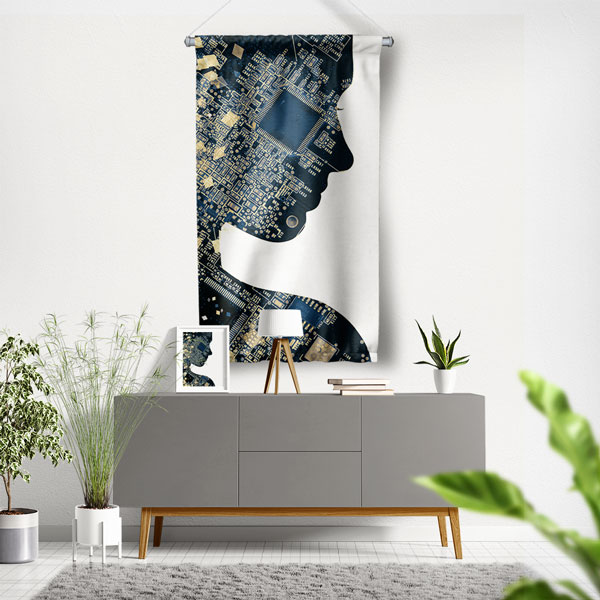 Yapay Zekâ Silueti Devre Tasarımlı Duvar Flaması 5428