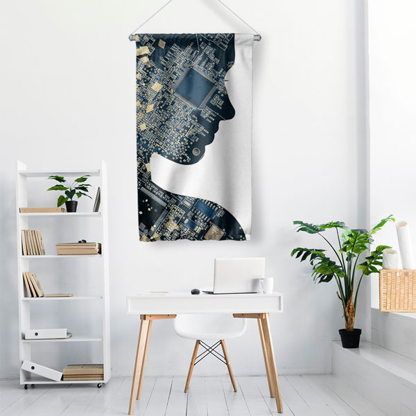 Yapay Zekâ Silueti Devre Tasarımlı Duvar Flaması 5428