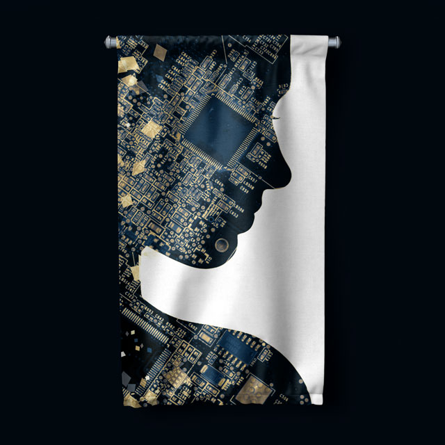 Yapay Zekâ Silueti Devre Tasarımlı Duvar Flaması 5428