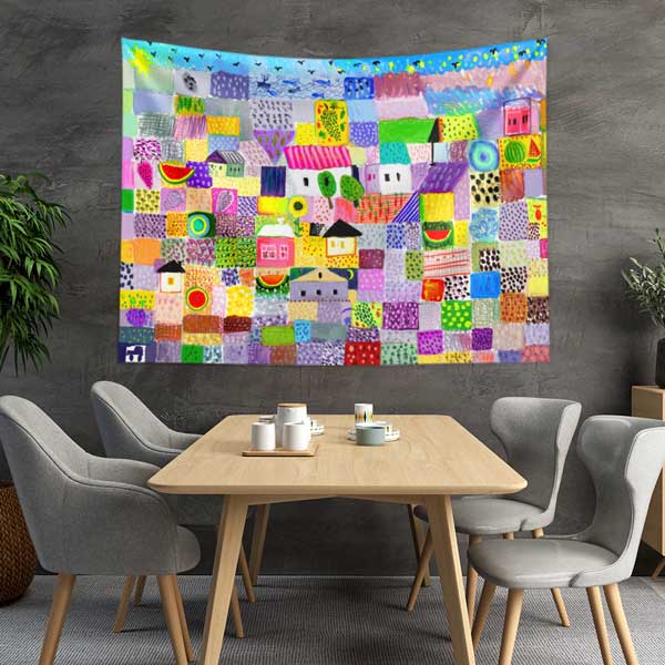 Renkli Geometrik Desenli Sanatsal Duvar Örtüsü Kumaş Baskı 12592