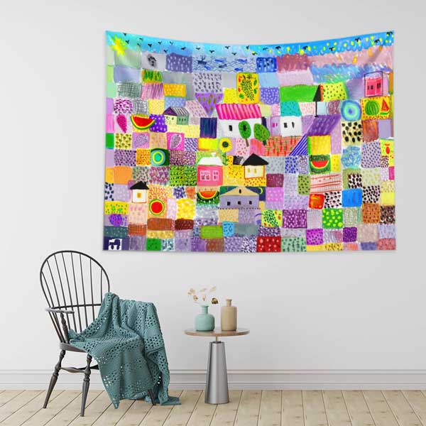 Renkli Geometrik Desenli Sanatsal Duvar Örtüsü Kumaş Baskı 12592