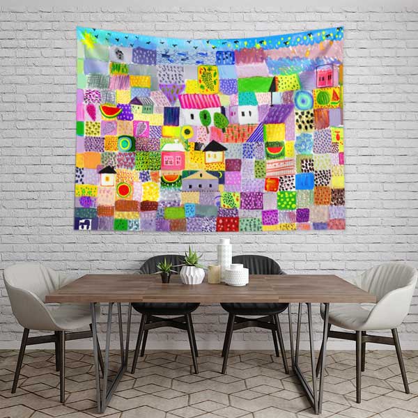 Renkli Geometrik Desenli Sanatsal Duvar Örtüsü Kumaş Baskı 12592