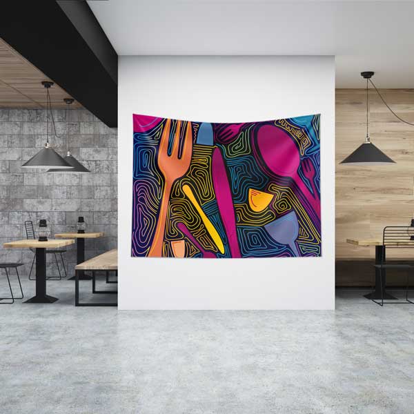 food-art-decoration-12523-00 Renkli Soyut Çatal Kaşık Tasarımlı Duvar Örtüsü 12523