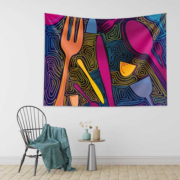 food-art-decoration-12523-02 Renkli Soyut Çatal Kaşık Tasarımlı Duvar Örtüsü 12523