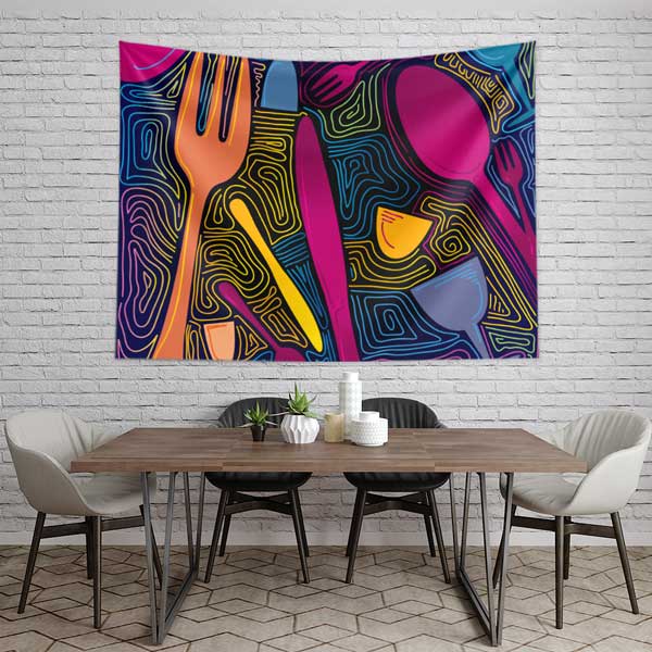 food-art-decoration-12523-03 Renkli Soyut Çatal Kaşık Tasarımlı Duvar Örtüsü 12523
