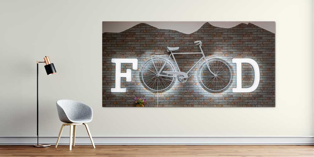 food-big-size-wall-decor-12405-00 Bisiklet ve “FOOD” Yazılı Tuğla Duvar Temalı Büyük Ebat Duvar Dekoru – 12405