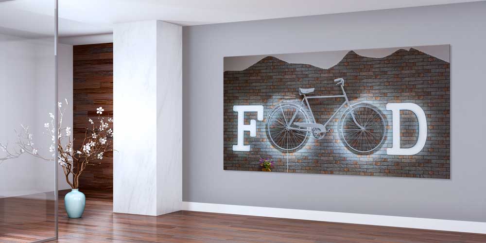 Bisiklet ve “FOOD” Yazılı Tuğla Duvar Temalı Büyük Ebat Duvar Dekoru – 12405