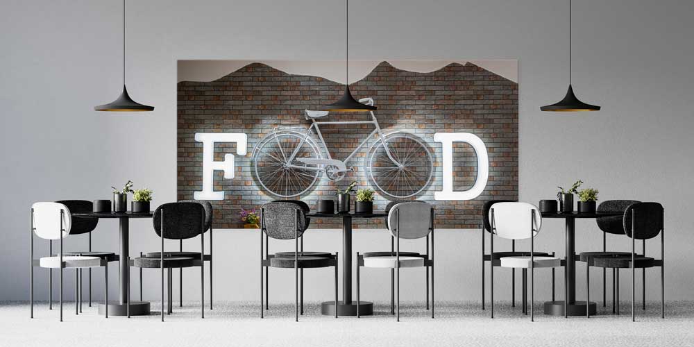 Bisiklet ve “FOOD” Yazılı Tuğla Duvar Temalı Büyük Ebat Duvar Dekoru – 12405