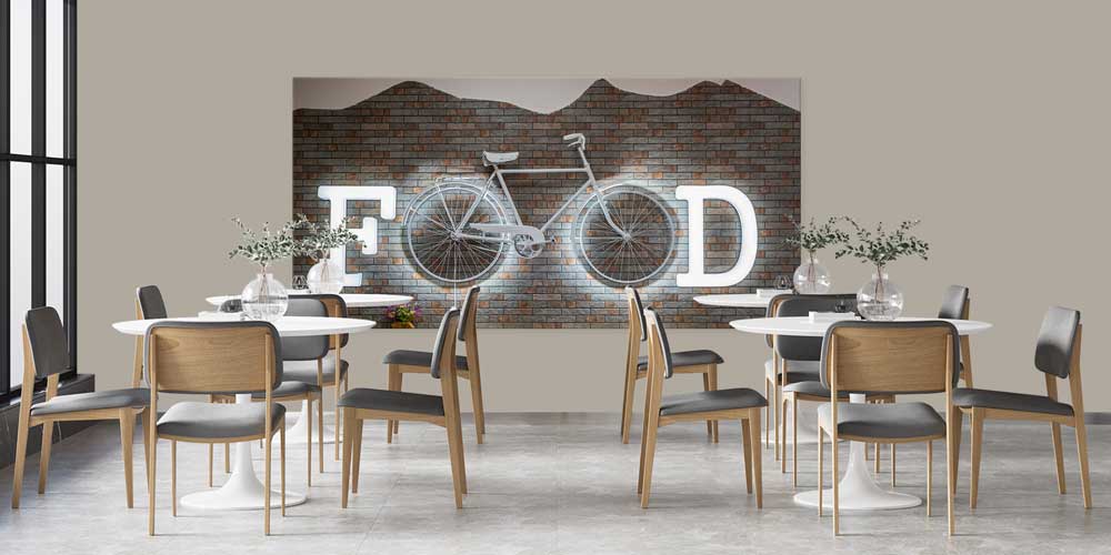 Bisiklet ve “FOOD” Yazılı Tuğla Duvar Temalı Büyük Ebat Duvar Dekoru – 12405