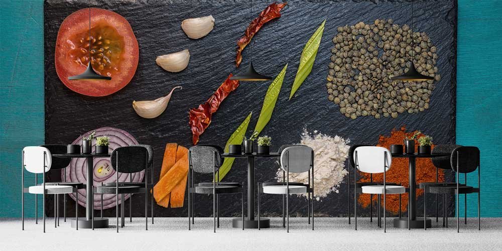 food-wall-art-decor-12300-02 Gurme Baharat ve Sebze Kompozisyonu Duvar Kağıdı 12300