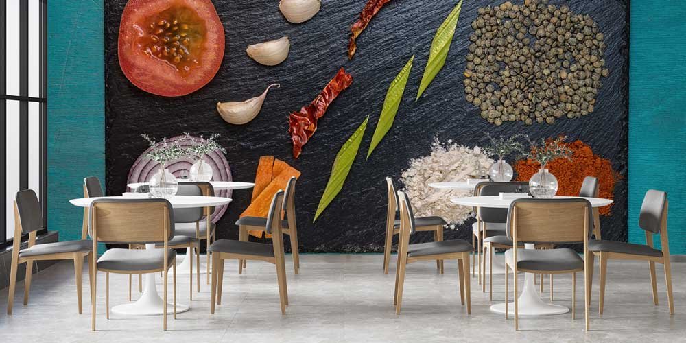 food-wall-art-decor-12300-03 Gurme Baharat ve Sebze Kompozisyonu Duvar Kağıdı 12300