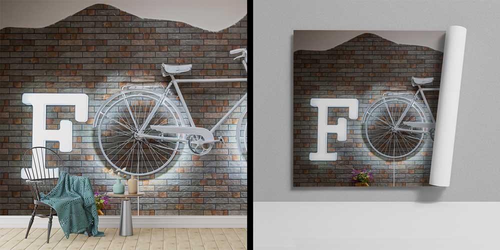 Bisiklet ve FOOD Yazılı Tuğla Duvar Tasarımlı Duvar Kağıdı 12301