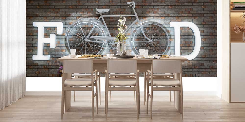 Bisiklet ve FOOD Yazılı Tuğla Duvar Tasarımlı Duvar Kağıdı 12301