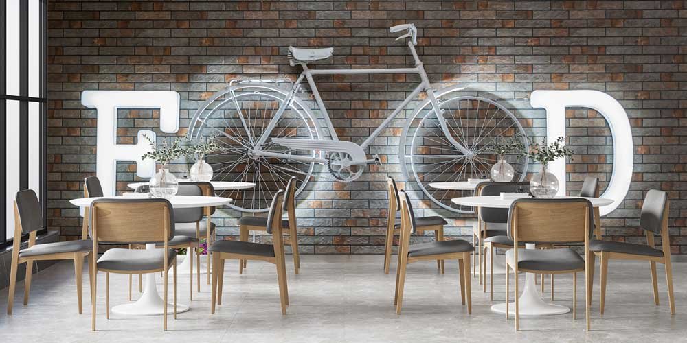 Bisiklet ve FOOD Yazılı Tuğla Duvar Tasarımlı Duvar Kağıdı 12301