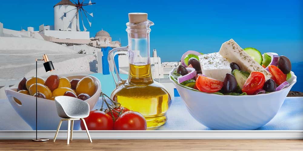 Akdeniz Salatası ve Zeytinyağı Temalı Yunan Manzaralı Duvar Kağıdı 12311