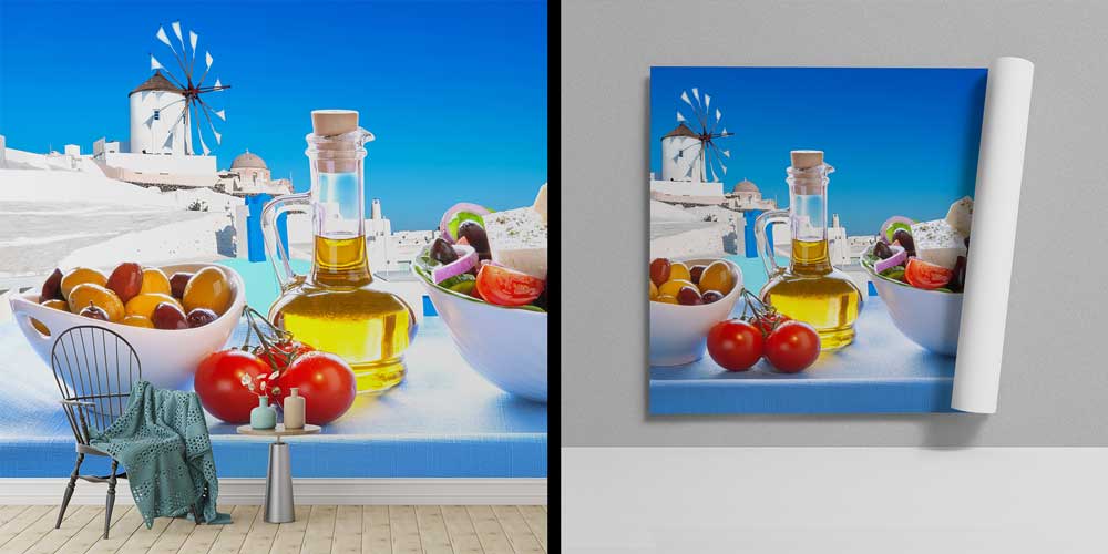 Akdeniz Salatası ve Zeytinyağı Temalı Yunan Manzaralı Duvar Kağıdı 12311