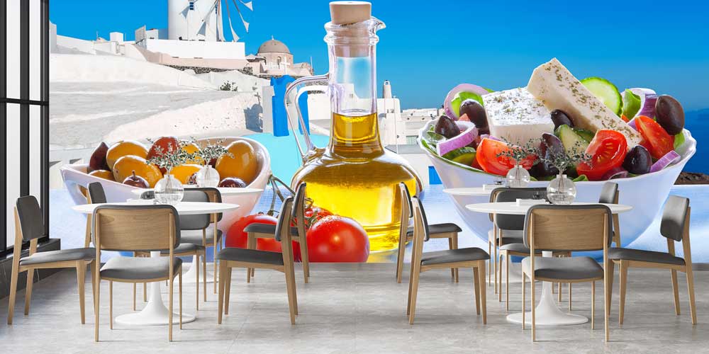 Akdeniz Salatası ve Zeytinyağı Temalı Yunan Manzaralı Duvar Kağıdı 12311